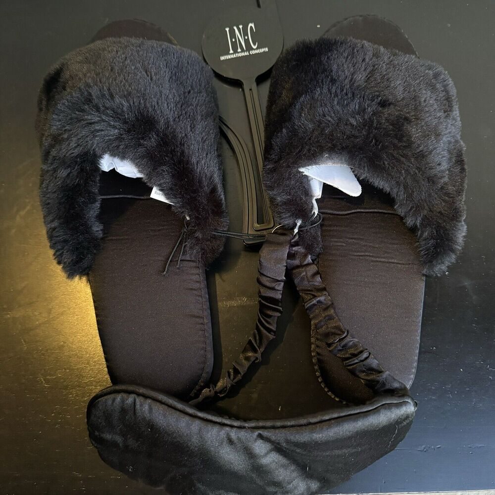 I.N.C INTERNATIONAL CONCEPTS BLACK Faux Fur WOMEN SLIPPERS SIZE L 9/10  EYE MASK